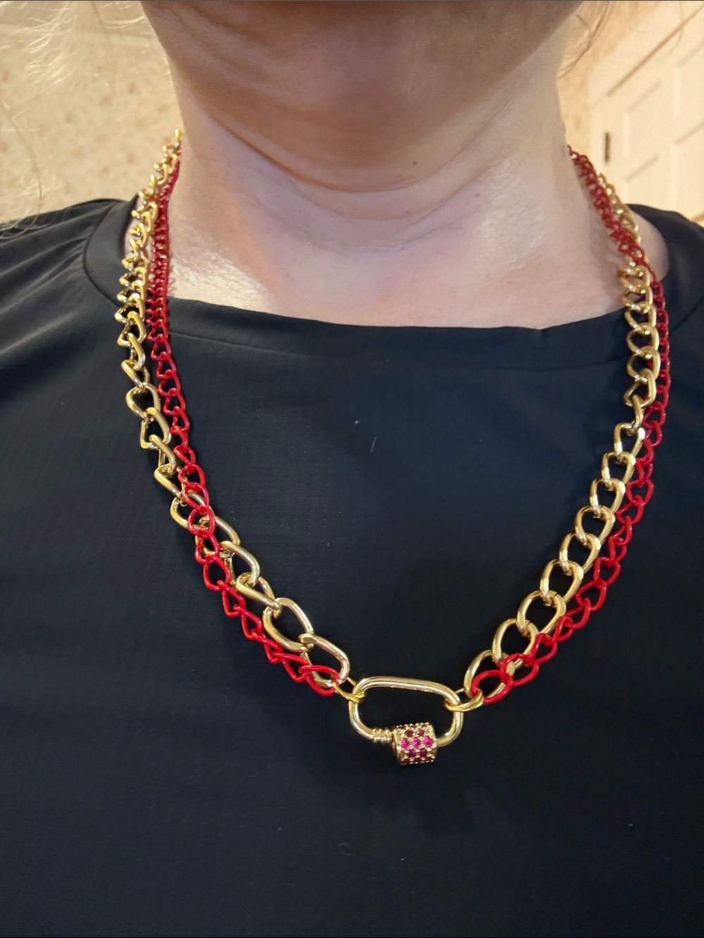 Hand-Crafted Gold and Red Double-Chain Necklace with Ruby Accent and Carabiner